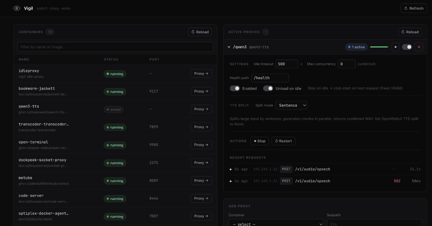 Vigil web interface — container list and active proxies